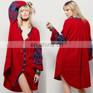 High Quality Balloon Sleeve Ladies Embroidery Tunic Dress Designs thumbnail-1