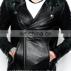 Men's Fashion Genuine Cowhide Milled Leather Bomber/Biker Jacket Quilted Pocket in Black thumbnail-3