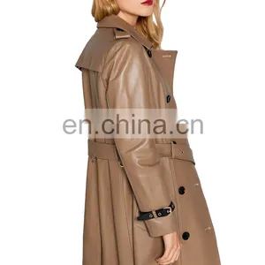 Women Lambskin Leather Double Breasted Long Jacket Coat With Belt thumbnail-4