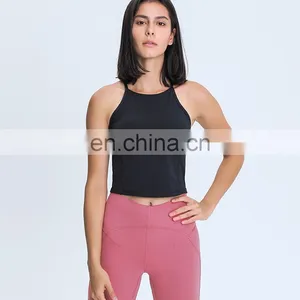 Women's High Neck Strappy Yoga Sports Bras With Removable Pads Fitness Crop Tank Tops For Ladies thumbnail-4