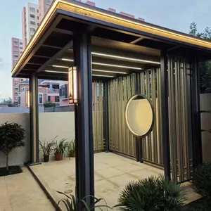 New Chinese Style Aluminum Pavilion With Full LED Lighting & Decorative Moon Screen, Modern Backyard Gazebo for Villa Courtyard thumbnail-2