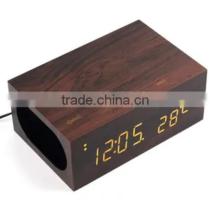 Wireless Charger+Clock+Alarm+Thermometer,New Style Wood Bluetooth Speaker thumbnail-4