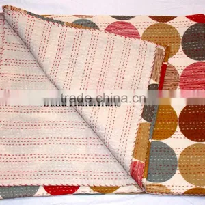 Queen Size Polka Dots Print Reversible Kantha Quilt Indian Sari Quilt Handmade Kantha Quilt Glazed Cotton thumbnail-2