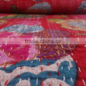 Red Tropical Queen Size Bedspread, Handmade Cotton Kantha Quilt, Reversible Designer Bedding, Room Decor, Indian Kantha Work thumbnail-4