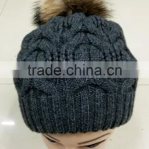 2016 Unisex Fashion Hot Popular Crochet Wool Beanie Knitted Cap With Real Racoon Dog Fur Pompom thumbnail-2