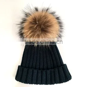 Myfur Navy High Quality Cheap Wool Knit Cap and Hat With Real Raccoon Fur Pompom thumbnail-2