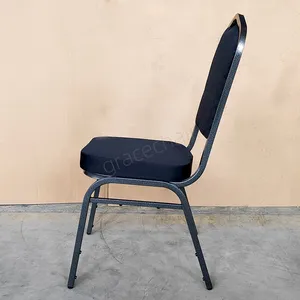 Metal Banquet Chair for Hotel Conference Event Padded Diamond‑Pattern Fabric Upholstered Stackable Dining Chair thumbnail-4