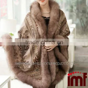 Cashmere and Fox Fur Trim Cape Korean Fashion Poncho thumbnail-1