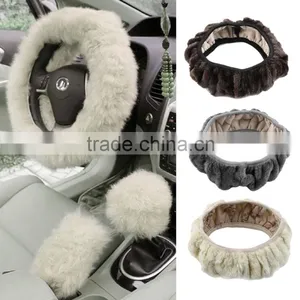 Charm Warm Long Wool Fur Plush Car Steering Wheel Cover Woolen Car Handbrake Accessory thumbnail-1