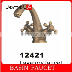 Dual Handle Single Hole Deck Mounted Antique Brass Basin Faucet thumbnail-1