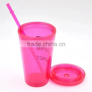 AS Material Double Wall 450ML BPA Free Plastic Cup With Straw - Pink Color thumbnail-2