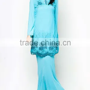 Blue Beaded Printed Made in China Long Sleeve Muslim Dress thumbnail-2