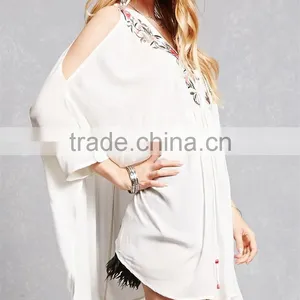 Latest Fashion Center Front Pleats Lace-up Neckline Long Dolman Sleeves Tunic Dress thumbnail-2
