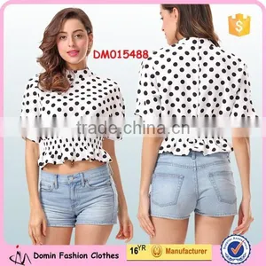 New Fashion Cotton Quilting Dot Printed Short Sleeve Woman Crop Top thumbnail-1