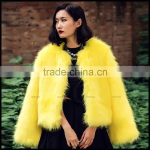 2015 High Fashion Young Ladies Short Styles Yellow Coats Faux Fox Fur Coat for Winter Stylish Overcoat thumbnail-2