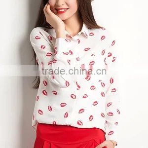 2015 Newest Hot Sell Best Summer Fashion Lip Prints t Shirt Ladies Blouse Designs Women Shirt With Long Sleeve thumbnail-1