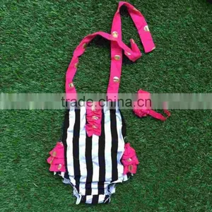 2016 New Baby Girls Kids Hot Pink and Gols Dot Stripe Romper Infant Clothing Baby Kids Wear With Matching Headband Set thumbnail-1