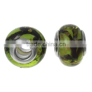 Lampwork Glass European Style Large Hole Beads Round Grass Green & Black Pattern With 304 Stainless Steel Silver Tone Core thumbnail-3