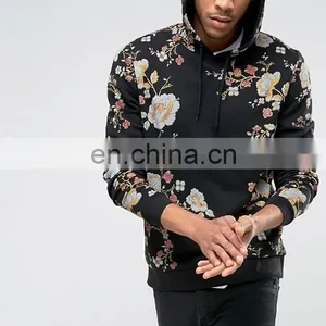 Black Side Slant Pockets All-over Floral Print Hoodie thumbnail-1