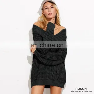Women Black V Neck Drop Shoulder Chunky Knit Sweater Dress thumbnail-1