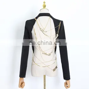 Ladies Fashion Casual Suit With Back Metal Chain Decoration Black Suit Jacket Women Blazers Suits thumbnail-6