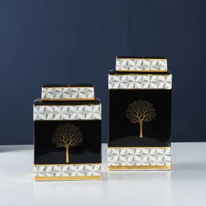 Nordic Style Creative Household Decoration Geometry and Tree Painting Cube Ceramic Flower Vase As Table Storage Jar With Lid thumbnail-3
