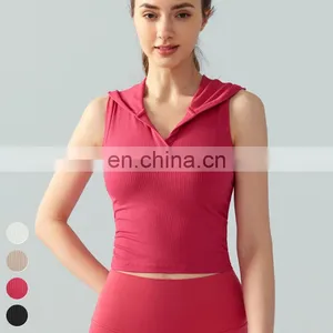 Wholesale Fitness Running Tank Top Hooded V Neck Slimming Fixed Pad Vest Sport Sleeveless Short T Shirt Ribbed Yoga Tops Women thumbnail-3
