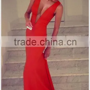 Custom Made Women Deep V Neck Red Long Maxi Dress thumbnail-2
