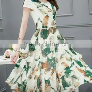 [FFD0046] Ladies All Over Floral Printed Cap Sleeve Self-tie at Waist Fit & Flare Dress thumbnail-1
