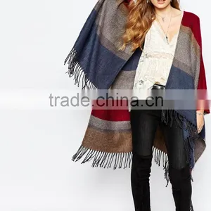 Elegant Striped Design Poncho With Fringe Western Women Tassel Trim Poncho thumbnail-1
