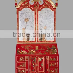 Gold Gilding Wooden Curio Cabinets With Flowers Paint Motif, Antique Silver Finish Secretary Cabinet With Drop Front Desk thumbnail-4