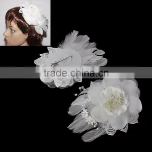 White Feather Clear Rhinestone Gauze Bride Headdress Flower thumbnail-1