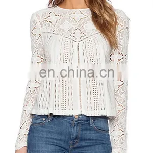 Fashion Modeling Long Sleeve Hollow-out White Lace Blouse, Wholesale Bohemian Clothing Burnout Floral Lace Blouse for Women thumbnail-4