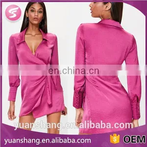 2017.ladies Casual Pink Satin Tie Side Collared Shift Dress Design thumbnail-1