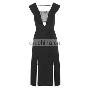 Wholesale Women Clothes Sexy Black Color Lace Trim Flutter Sleeve Midi Dress thumbnail-4