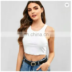 Wholesale Ladies Blank Rib Merrow Edge Sexy Women's Summer U Neck Basic Cotton Crop Top thumbnail-2