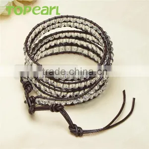 Topearl Jewelry Faceted White Crystal Charm Bracelet Woven Leather Wrap Bangle 33.5 Inches CLL137 thumbnail-2
