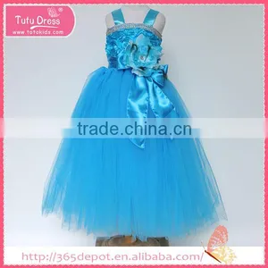 Off Shoulder Aquamarine Flower Ornament Dress for Ceremony Tulle Skirt Children Frocks Designs thumbnail-1