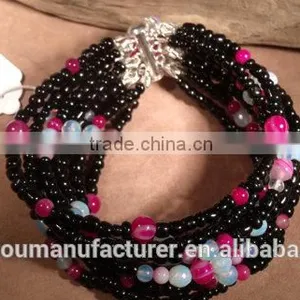 Black Glass Beads Moonstone and Pink Stripped Agate Bracelet thumbnail-5