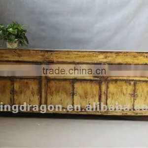 Chinese Antique Furniture Pine Wood Light Yellow Color Shanxi Three Drawer Six Door TV Cabinet thumbnail-1