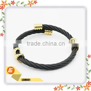 China Supplier European Style Womens and Mens Adjustable Black Gold Twisted Cable Wire Steel Bracelet Bangle thumbnail-2