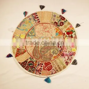 White Beige Round Cushions Indian Meditation Floor Pillows Decorative Table Cloth and Mats thumbnail-1
