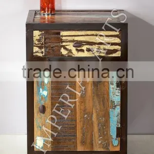 ANTIQUE IRON AND RECYCLE WOOD BED SIDE TABLE thumbnail-1