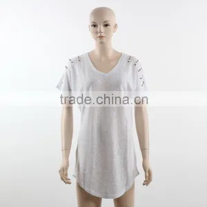 F5W13021 New Fashion Beads Embroidered Women White Long Sleeve T Shirts thumbnail-1