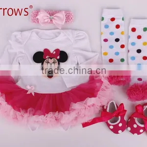 4Pcs Set Baby Newborns 2016 Summer Cotton Long Sleeve Bodysuit High-heeled Shoes Print Ruffles Baby Girl Clothing Sets thumbnail-4