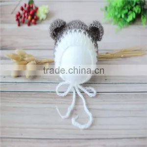 Newborn Knit Bonnet Crochet Mohair Bonnet Ruffle Mohair Hat Knit Bear Hat Baby Photography Props thumbnail-6