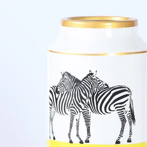 European Simple Style Zebra Painting Cylinder Yellow Ceramic Storage Vases Flower Decoration With Round Lid For Living Room thumbnail-3