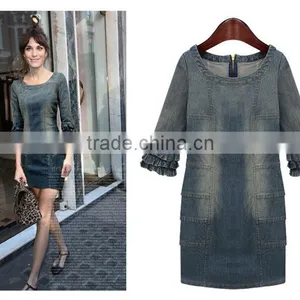 2015 New Arrival Latest Half Sleeve Denim Halter Dress Retro Denim Woman One-piece Office Dress thumbnail-2