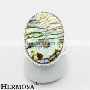 Precious Rainbow Real Abalone Shell 925 Sterling Silver Oval Big Stone Ring thumbnail-1