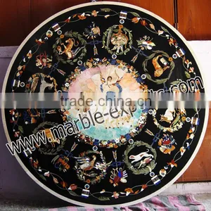 Italian Inlay Marble Dinning Table Top, Round Black Pietra Dura Table Top thumbnail-1